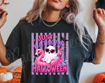 Just Waiting for Halloween Ghost Flamingo T-Shirt | Spooky Season Shirt | Fall Graphic Tee