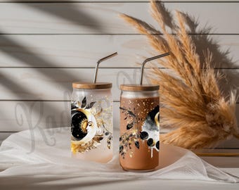 Celestial Moon 16 oz Libby Glass; Coffee cup w/plastic straw