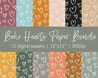 boho hearts digital paper pack | instant download | scrapbook paper | 12x12 high resolution | bohemian hearts pattern