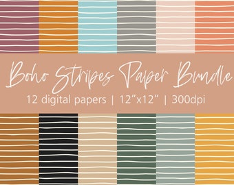 boho stripes digital paper pack | striped paper | printable lines paper | instant download | scrapbook paper | 12x12 high resolution |