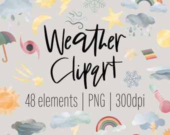 Weather Clipart | Watercolor Weather | Instant Download | Cloud Clipart |  Rainbow clipart | Storm Clipart | Weather PNG | Classroom Weather