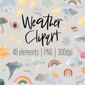 Weather Clipart | Watercolor Weather | Instant Download | Cloud Clipart |  Rainbow clipart | Storm Clipart | Weather PNG | Classroom Weather