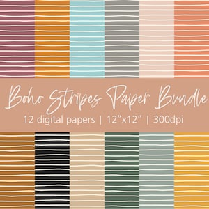 May include: A set of 12 digital papers featuring a boho stripe pattern in various colours, including orange, pink, blue, green, and grey. Each paper is 12 inches by 12 inches and 300 dpi.