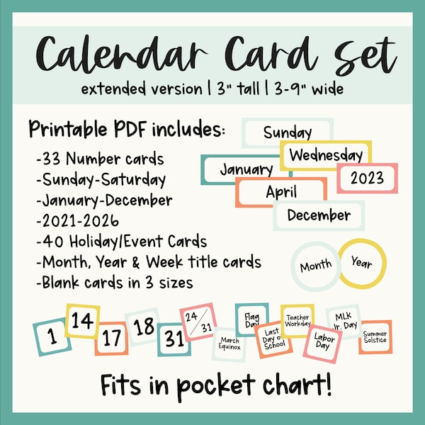 Bright classroom calendar set | printable calendar numbers | pocket chart calendar | pocket chart cards | Calendar card set