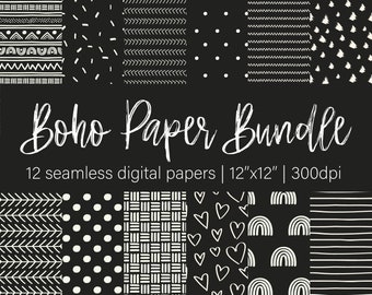 boho digital paper pack | seamless digital paper | instant download | scrapbook paper | 12x12 black and white high resolution