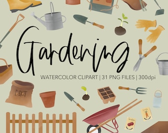 Watercolor Gardening Clipart | Garden PNG | Instant Download | Watercolor Clipart Set | Spring PNG | garden equipment