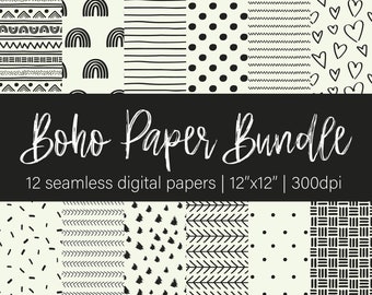 boho digital paper pack | seamless digital paper | instant download | scrapbook paper | 12x12 black and white high resolution