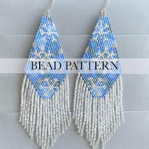 May include: A pair of beaded earrings with a triangular design. The earrings feature a pattern of light and dark blue beads with white fringe. The text "BEAD PATTERN" is displayed across the image.
