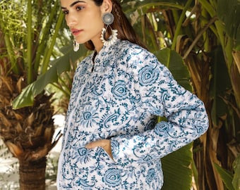 White Coro Bomber Jacket in Floral Blue White