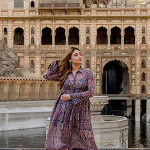 RAGA SHIRT DRESS - Hand Block Printed - Organic Sustainable Fashion - Shirt Dress - Long Dress - Full Sleeve Boho Dress