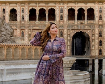 RAGA SHIRT DRESS - Hand Block Printed - Organic Sustainable Fashion - Shirt Dress - Long Dress - Full Sleeve Boho Dress