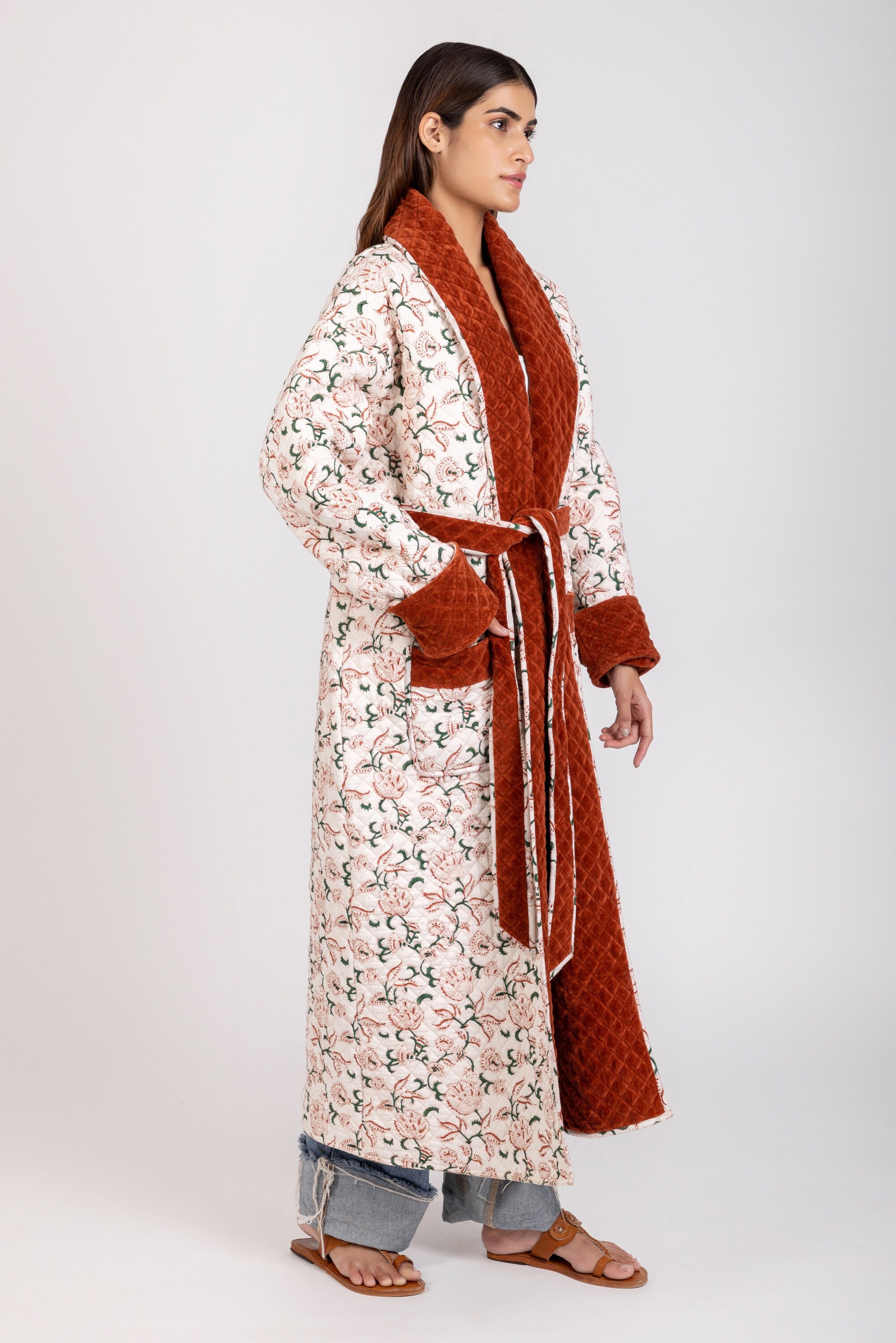 Red Robe Sweater VICTORIA QUILTED ROBE - Plush Velvet Red Robe - Hand Printed - Organic ...