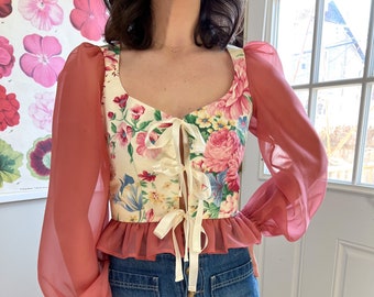 Puff Sleeve Blouse. Bows. Handmade. XS.