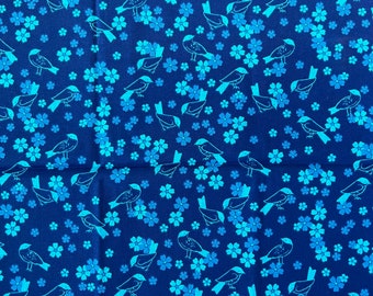 Vintage Blue Fabric on Cotton. Floral and Birds. 43” x 36”. 1 Yard