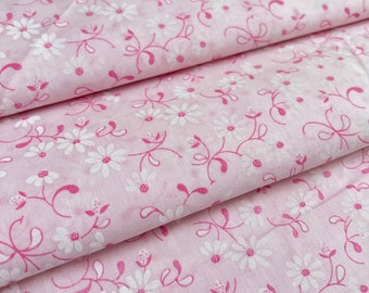 Vintage Pink and White Daisy Cotton Fabric. 112” x 44”. 3 yards.