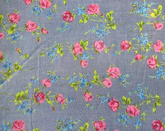 Vintage Blue, Pink, and Green Floral Cotton Fabric. 281” x 57”. 7.75 yards. Denim look.