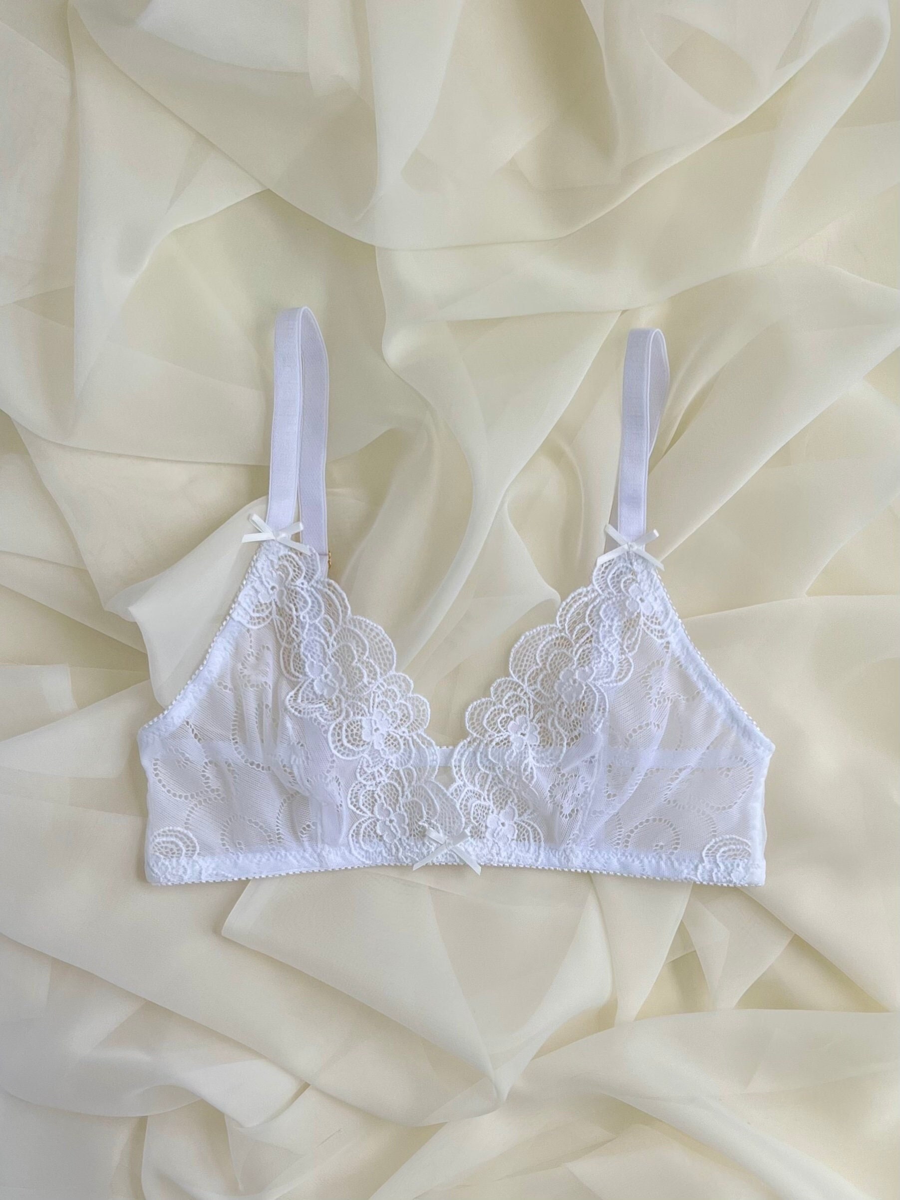 White Lace Bralette. Triangle Bra. Handmade. SMALL. 