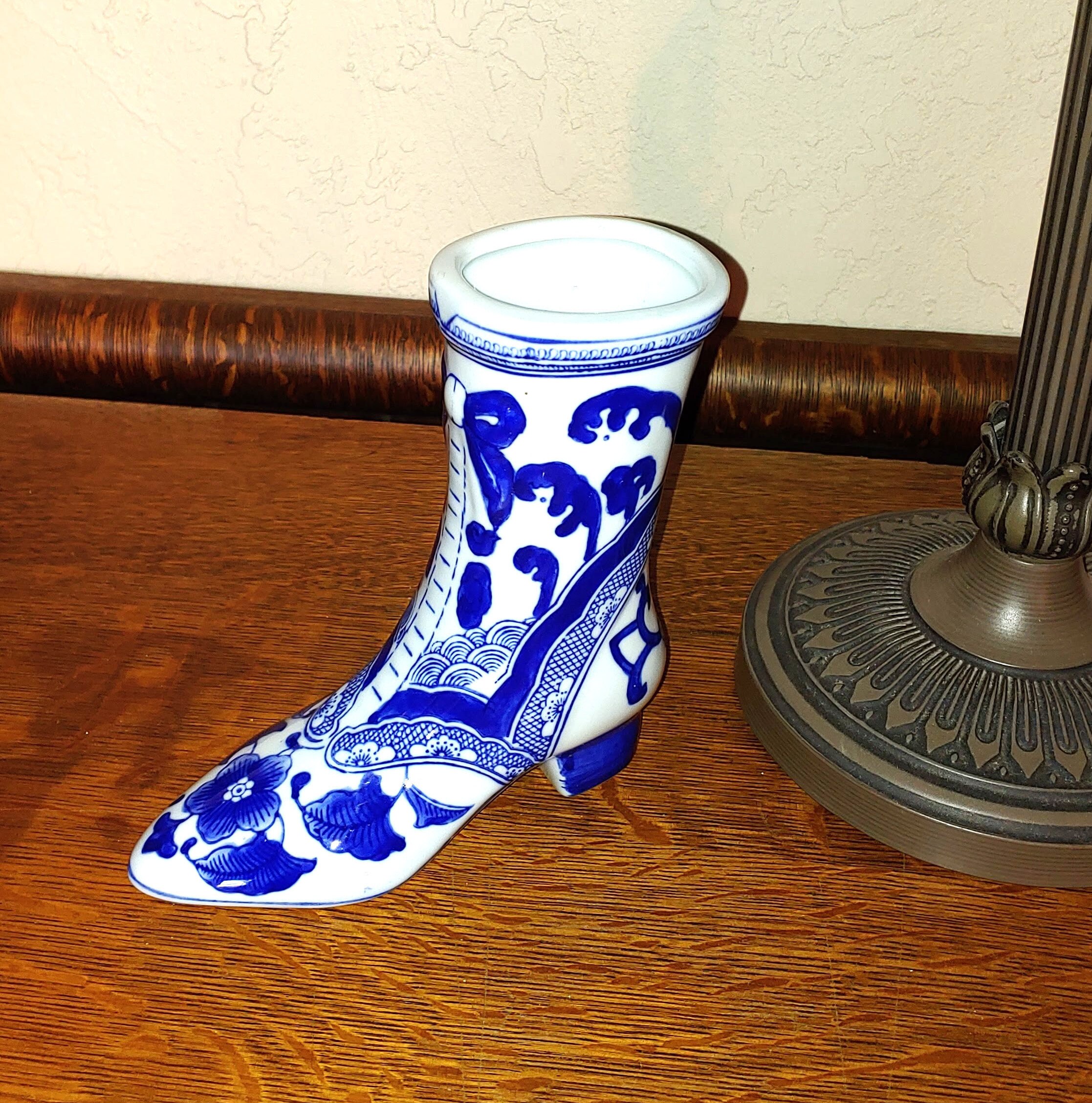 White and Blue Porcelain Victorian Boot Vase used Etsy