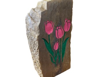 Pink Tulips Flower Garden Rock, Flower For Cemetery, Decorative Garden Stone, Garden Gifts, Permanent Flower Decor, Engraved Flower Rock