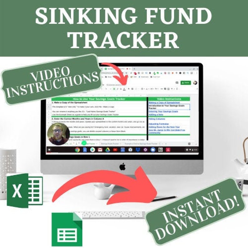 May include: A computer screen displaying a Google Sheet with the title "How to Use Your Savings Goals Tracker". The screen is on a white desk with a white teapot and a green and white "INSTANT DOWNLOAD!" sign. The image also includes a green box with the text "VIDEO INSTRUCTIONS" and a red arrow pointing to the computer screen.