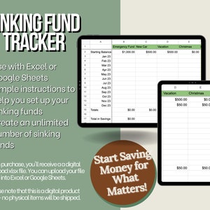May include: A digital printable spreadsheet for tracking sinking funds. The spreadsheet is divided into columns for different categories, such as emergency fund, new car, vacation, and Christmas. The spreadsheet includes a section for totals and total in savings. The text "Start Saving Money for What Matters!" is displayed in a brown circle.