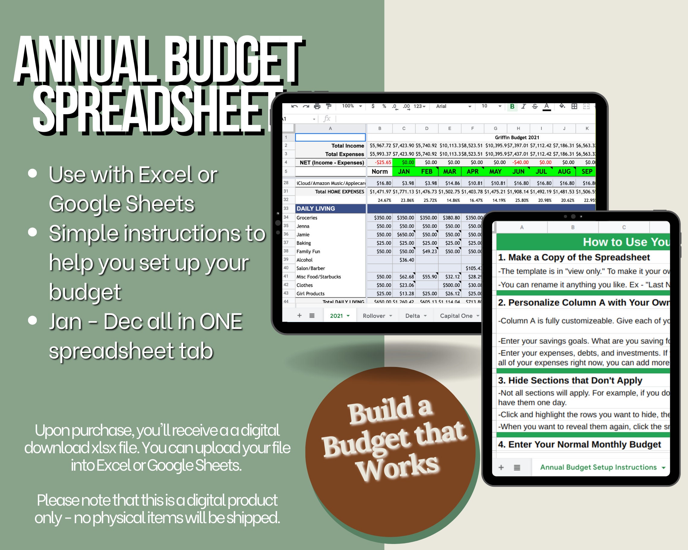 Annual Budget Spreadsheet Template, Google Sheets Budget, Excel Budget ...
