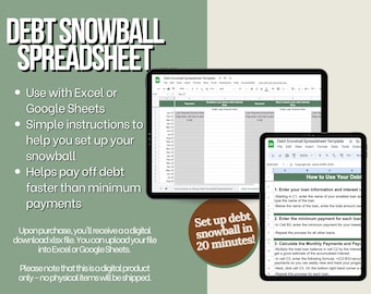 Debt Snowball Spreadsheet in Google Sheets and Excel, Debt Snowball Calculator Excel, Debt Payoff Calculator Excel
