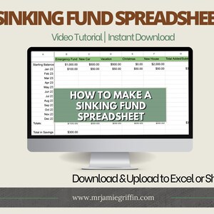May include: A computer screen displaying a spreadsheet with the title "Sinking Fund Spreadsheet". The spreadsheet is a budget tracker with columns for "Emergency Fund", "New Car", "Vacation", "Christmas", "New House", and "Total Added/Subtracted". The spreadsheet is labeled with the months of the year, from January to December. The text "How to Make a Sinking Fund Spreadsheet" is displayed in a green box on the screen.
