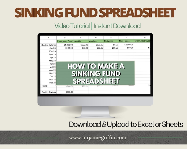 May include: A computer screen displaying a spreadsheet with the title "Sinking Fund Spreadsheet". The spreadsheet is a budget tracker with columns for "Emergency Fund", "New Car", "Vacation", "Christmas", "New House", and "Total Added/Subtracted". The spreadsheet is labeled with the months of the year, from January to December. The text "How to Make a Sinking Fund Spreadsheet" is displayed in a green box on the screen.