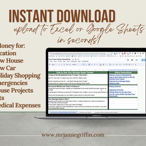 May include: A laptop computer screen displaying a Google Sheets spreadsheet titled "Fund Tracker Master Spreadsheet". The spreadsheet is a savings goals tracker with instructions on how to use it. The text "INSTANT DOWNLOAD upload to Excel or Google Sheets in seconds!" is displayed above the laptop.