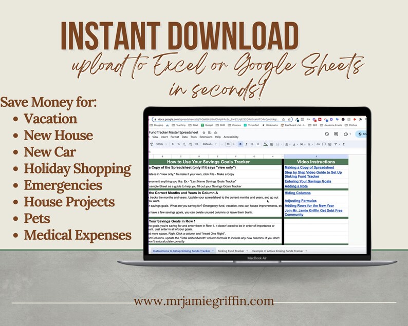 May include: A laptop computer screen displaying a Google Sheets spreadsheet titled "Fund Tracker Master Spreadsheet". The spreadsheet is a savings goals tracker with instructions on how to use it. The text "INSTANT DOWNLOAD upload to Excel or Google Sheets in seconds!" is displayed above the laptop.
