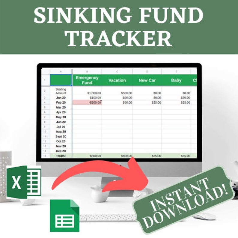 May include: A computer screen displaying a spreadsheet with the title "Sinking Fund Tracker". The spreadsheet has columns for "Emergency Fund", "Vacation", "New Car", "Baby", and "Christmas". The spreadsheet is filled with dollar amounts and dates. The image also includes a green button with the text "INSTANT DOWNLOAD!" and a green and white icon of a spreadsheet.