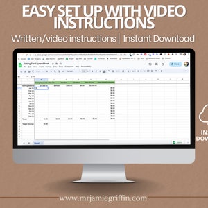 May include: A computer screen displaying a Google Sheets spreadsheet titled "Sinking Fund Spreadsheet". The spreadsheet has columns for "Emergency Fund New Cap", "Vacation", "Christmas", "New House", and "Total Added/Subtracted". The spreadsheet is on a brown background with the text "EASY SET UP WITH VIDEO INSTRUCTIONS" and "Written/video instructions | Instant Download" above the screen. The text "INSTANT DOWNLOAD" is in a cloud icon on the right side of the screen.