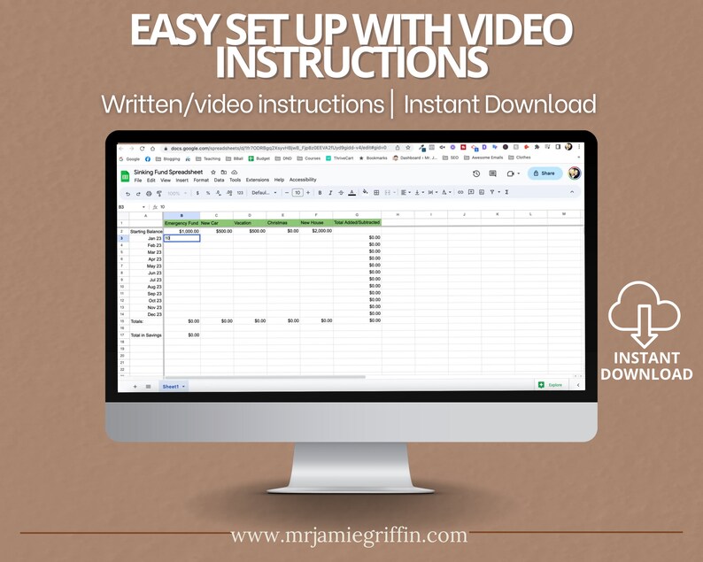 May include: A computer screen displaying a Google Sheets spreadsheet titled "Sinking Fund Spreadsheet". The spreadsheet has columns for "Emergency Fund New Cap", "Vacation", "Christmas", "New House", and "Total Added/Subtracted". The spreadsheet is on a brown background with the text "EASY SET UP WITH VIDEO INSTRUCTIONS" and "Written/video instructions | Instant Download" above the screen. The text "INSTANT DOWNLOAD" is in a cloud icon on the right side of the screen.