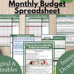 Puede incluir: Una descarga digital para una hoja de cálculo de presupuesto mensual. La imagen muestra un fondo verde con un texto blanco superpuesto que dice "Monthly Budget Spreadsheet". Hay varias capturas de pantalla de la hoja de cálculo, incluyendo un presupuesto de enero, un presupuesto de agosto y un presupuesto de diciembre. La imagen también incluye una sección titulada "How to Use Your Monthly Budget Spreadsheet" con instrucciones sobre cómo usar la hoja de cálculo.
