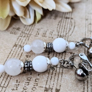 Sterling Silver Gemstone Clip On Earrings Dangle, Opalite Earrings, Pewter Beaded Earrings Nickel Free Jewelry, Christmas Gifts for Daughter
