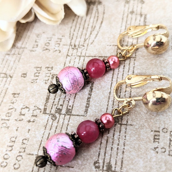 Fuchsia Earrings Handmade Jewelry, Copper Anniversary Gift for Wife, Pink Clip On Earrings, Magenta Earrings Gold, Nonpierced Earrings Gift