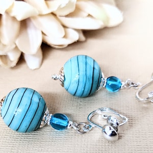 Sterling Silver Ocean Blue Earrings Dangle, Turquoise Earrings Clip On, Lampwork Glass Earrings Aqua, Nonpierced Earrings for Women, Artisan
