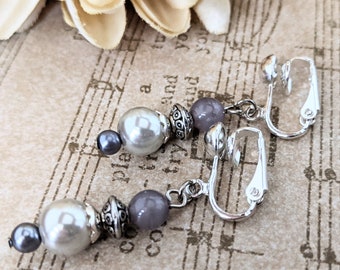 Silver Gray Pearl Drop Earrings, Bridesmaid Earrings Gift for Her, Clip On Earrings Handmade Jewelry Nickel Free, Stocking Stuffers for Mom