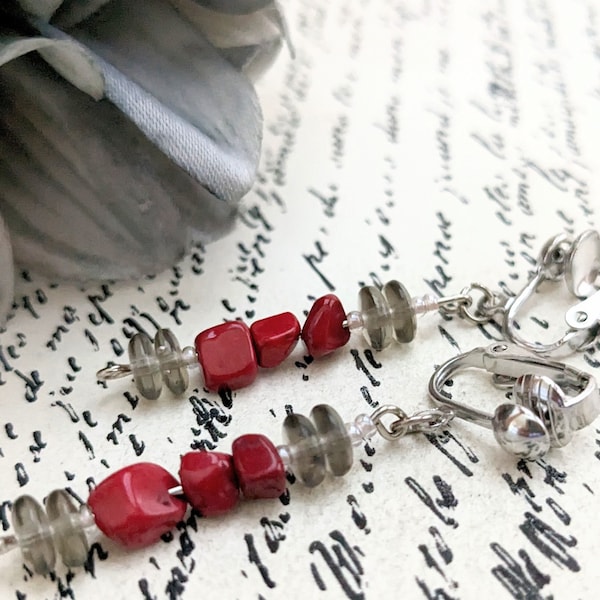 Sterling Silver Red Coral Earrings, Czech Glass Earrings, Clip On Earrings for Women, Sustainable Jewelry, Nonpierced Earrings, Gift for Mom