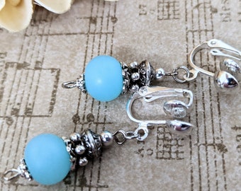 Sky Blue Earrings, Aqua Earrings, Handmade Nickel Free Clip On Dangle Earrings Dusty Blue, Bridesmaid Gift, Sea Glass Earrings Periwinkle