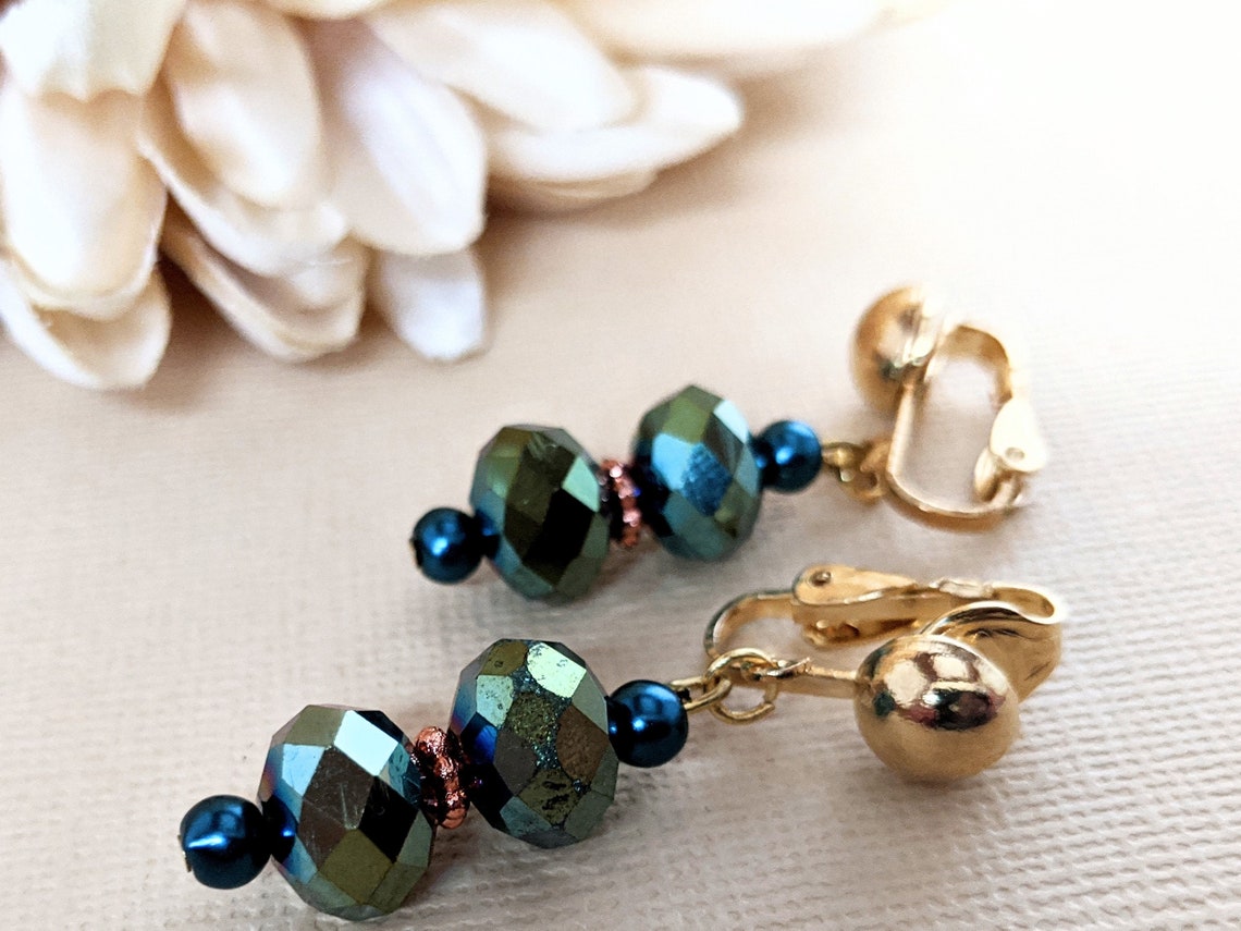 Teal Earrings Gold Crystal Clip on Earrings Dangle Winter Etsy UK