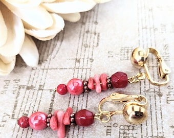 Non Pierced Earrings Gift for Women, Red Coral Earrings Dangle, Coral Clip On Earrings Artisan Jewelry, Handmade Earrings Red Gold Jewelry