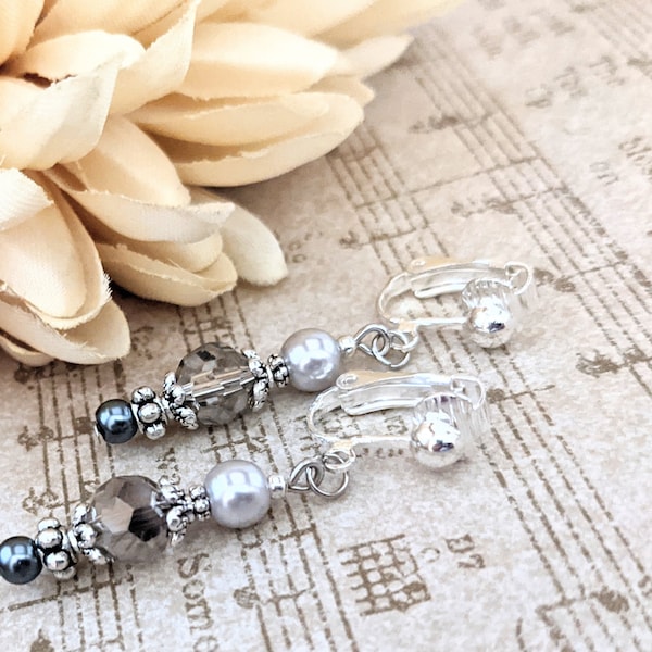 Sterling Silver Gray Pearl Drop Earrings, Crystal Clip On Earrings Dangle, Christmas Gifts for Mom, Stocking Stuffers for Daughter, Artisan