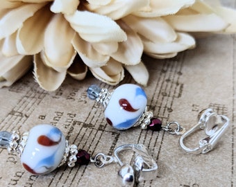 French Blue Earrings Lampwork Jewelry Handmade, Clip On Earrings Dusty Blue, Birthday Gift for Aunt, Valentines Gifts, Cottagecore Earrings