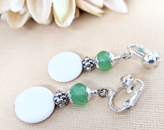 Sterling Silver Green and White Earrings Clip On, Nonpierced Earrings for Women, Nonallergenic, Czech Glass Earrings Dangle, Pewter Earrings