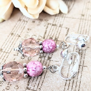 Sterling Silver Blush Pink Earrings Dangle, Vintage Czech Glass Earrings Clip On, Non Pierced Earrings for Mom, Spring Wedding Earrings for
