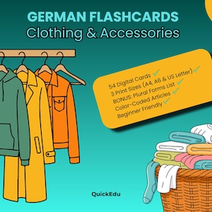 Op de afbeelding: Illustratie voor Duitse flashcards over kleding en accessoires. De afbeelding toont een groene hoodie, een gele jas en een oranje overhemd die aan een rek hangen. Een mand met opgevouwen kleding en een gele informatiekaart met tekst zijn ook aanwezig.
