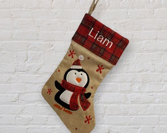 Personalized Penguin Stocking - Plaid Stocking - Personalized Christmas Stocking - Hessian Stocking - Burlap Stocking
