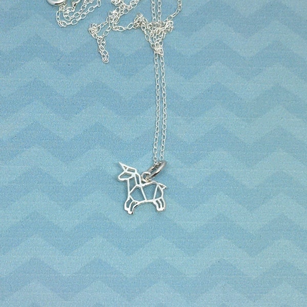 Small origami UNICORN horse cutout sterling silver charm delicate necklace, minimalistic fairy tale charm jewelry